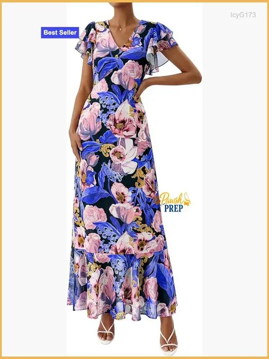 Floral Maxi Dress with V-Neck Ruffle Sleeves Elastic Waist Pockets - Picture 1 of 7